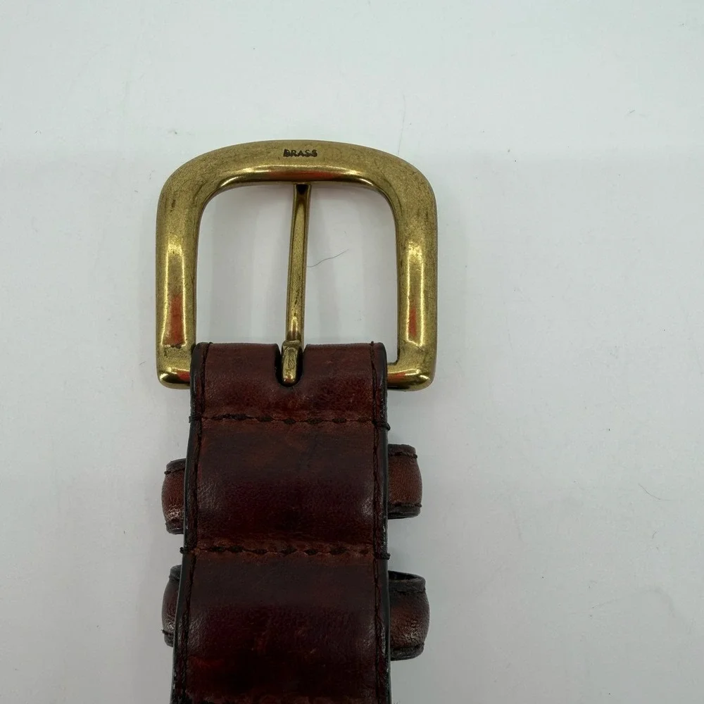 Full Grain Leather Belt Mens 38 Brown Brass Buckle Casual Classic Minimalist